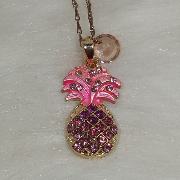 Vintage Jewelry - Pink Pineapple Necklace On 16" Gold Chain